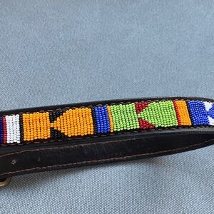 Vintage Beaded Leather Belt African Artisan Style Brass Buckle will fit 31- 33”